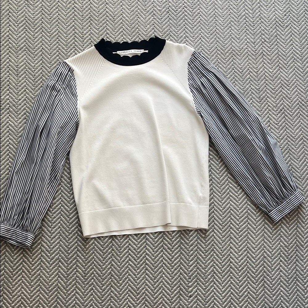 Veronica Beard Cream Sweater with Black Scalloped Neckline